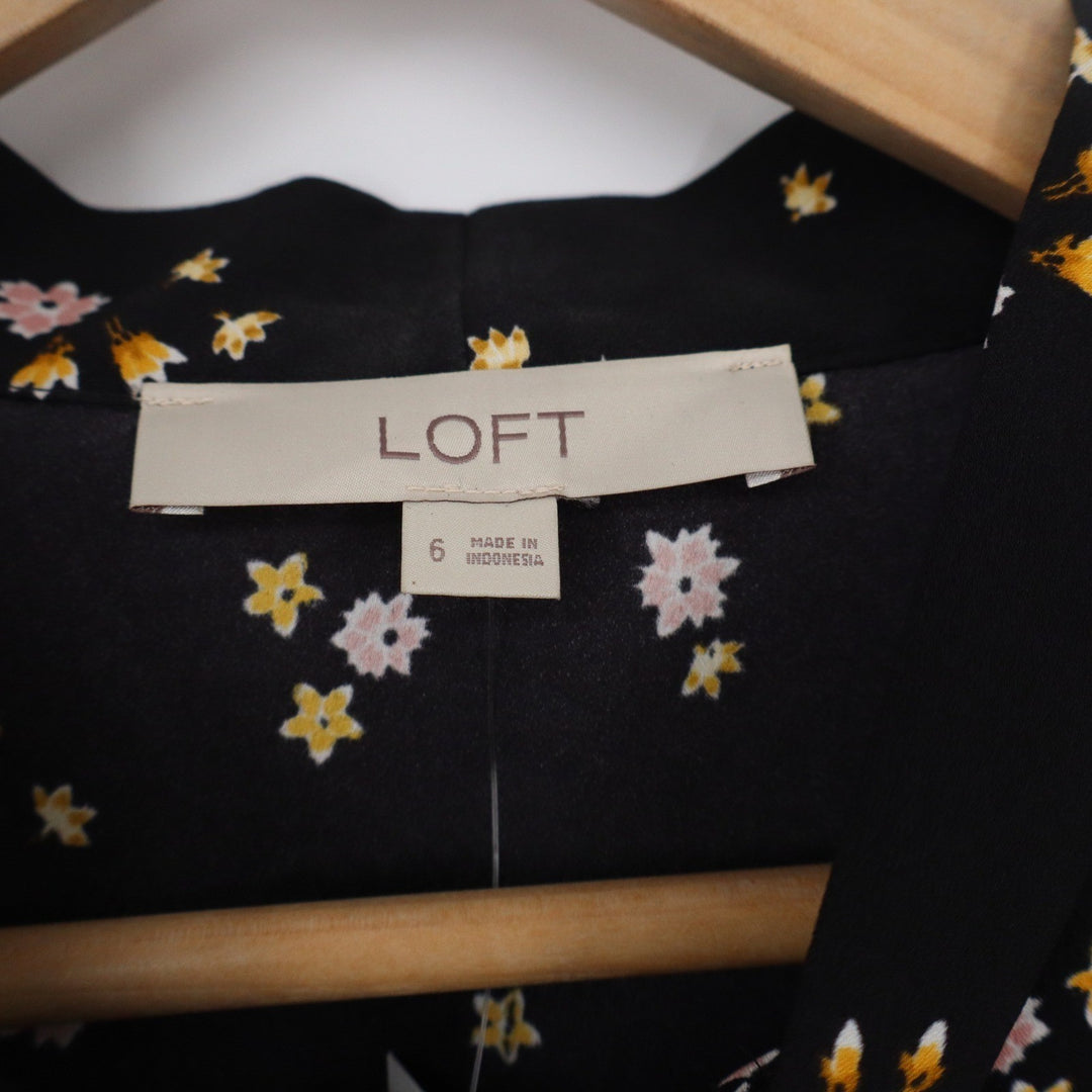 LOFT Black Floral Tie Neck Long Sleeve Mini Dress Size 6