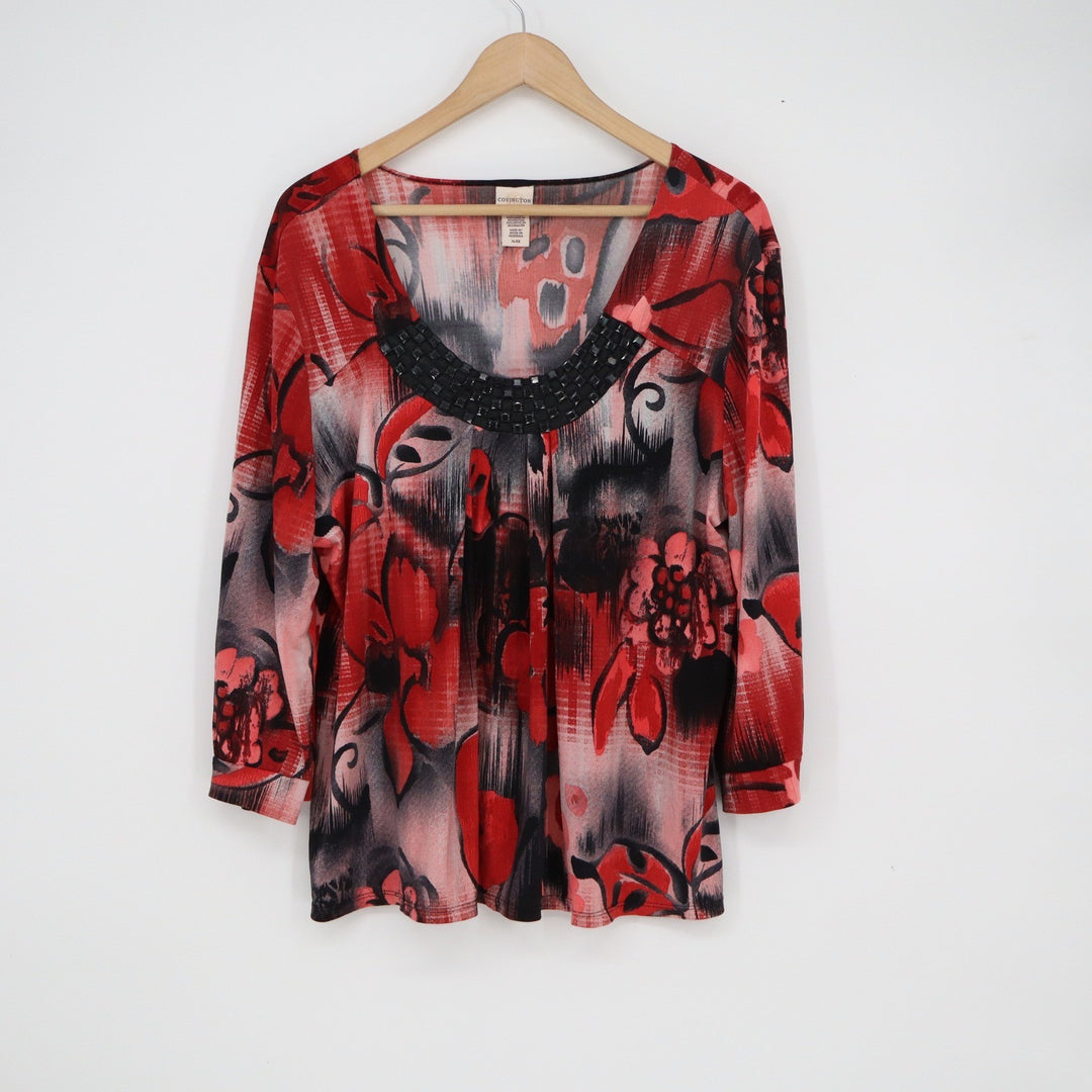 Covington Womens XL Red Black Abstract Floral Beaded Scoop Neck 3/4 Sleeve
