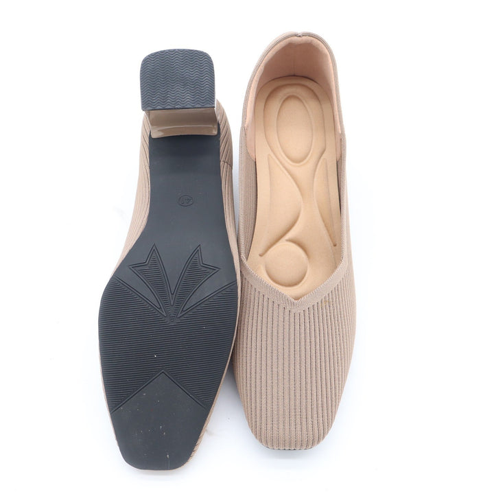 Taupe Ribbed Knit Block Heel Pumps Square Toe Comfort Insole Size 41