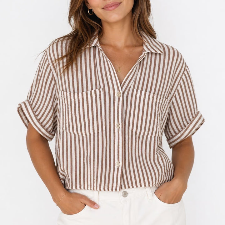Love Notes Brown White Striped Cotton Gauze Cropped Button Down Shirt Large