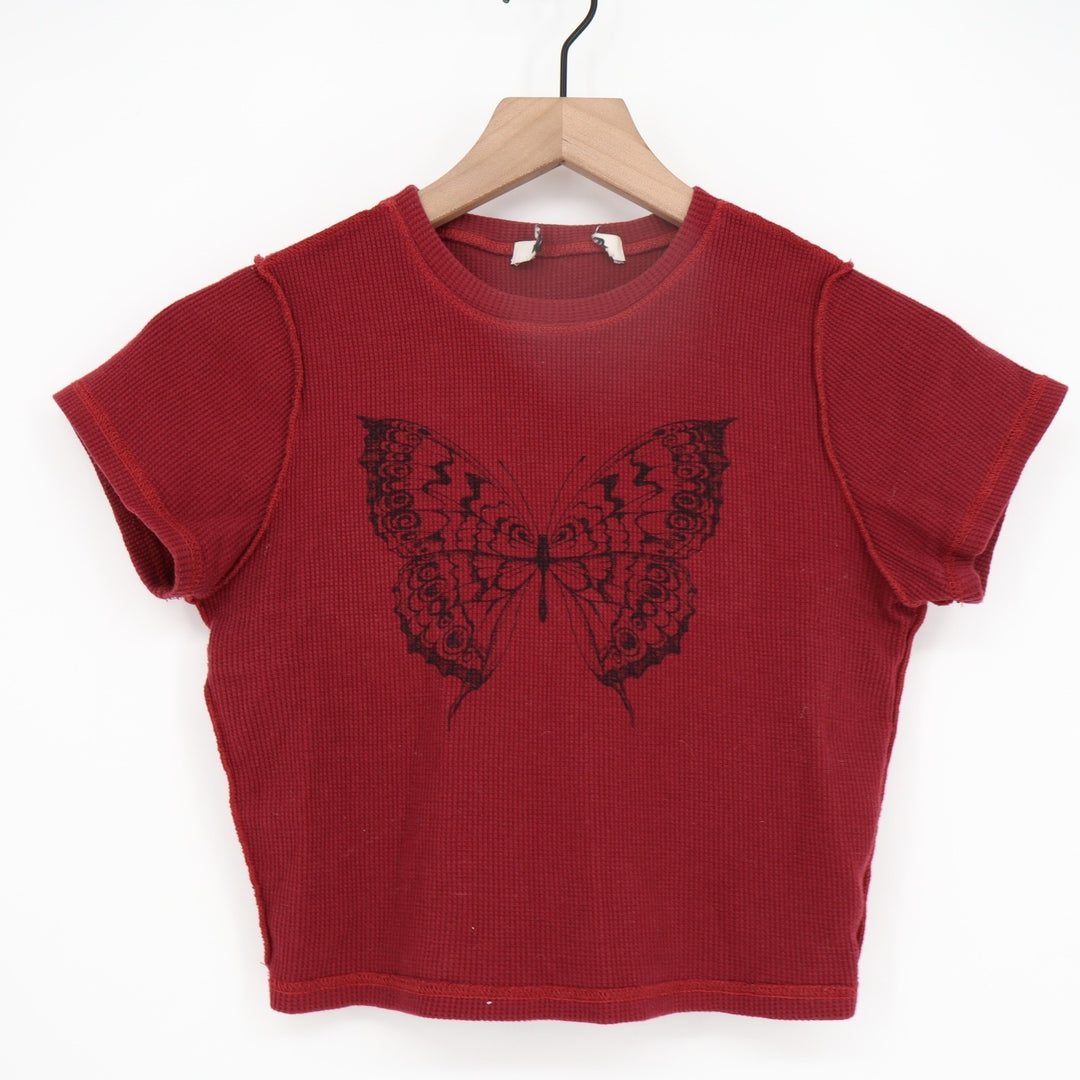 Red Butterfly Graphic Waffle Knit Crop Top Baby Tee Short Sleeve Exposed Seams S