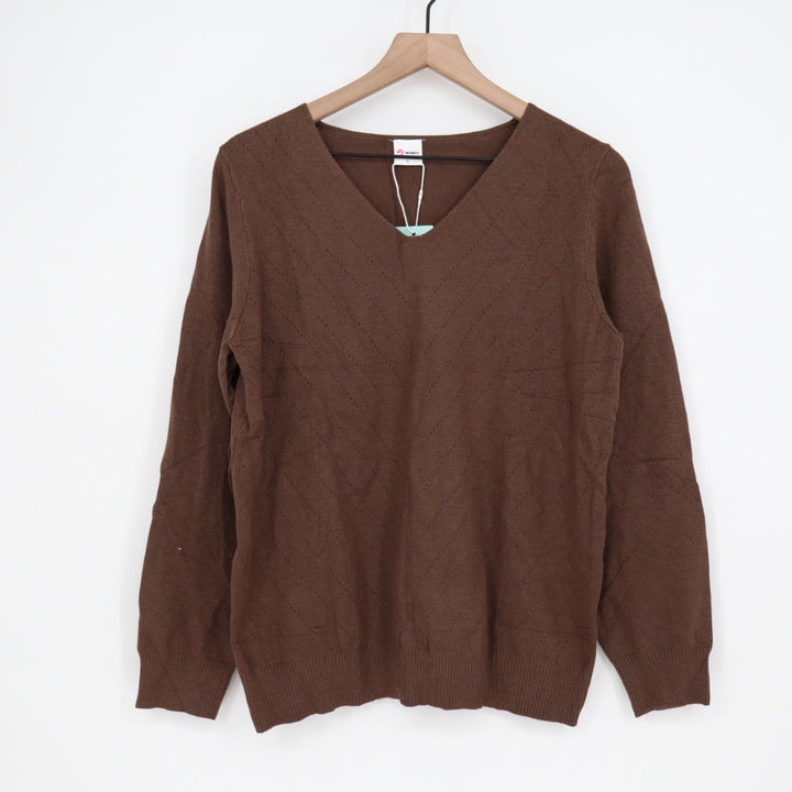 Brown V Neck Textured Knit Pullover Sweater Long Sleeve Size L