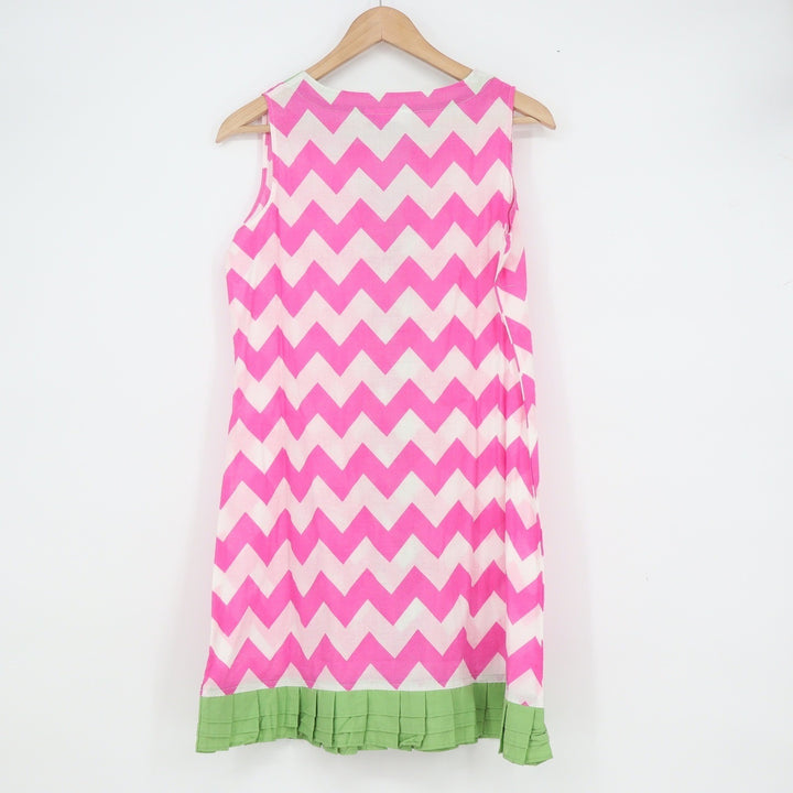 Malabar Bay Pink Chevron Organic Cotton Sleeveless Shift Dress Green Trim Medium