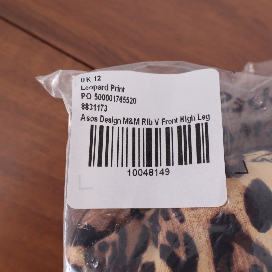 ASOS DESIGN Leopard Print Rib V Front High Leg Bikini Bottoms Size UK 12 US 8