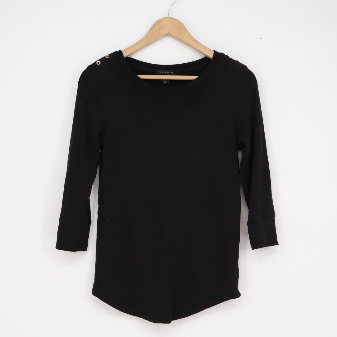 Willi Smith Black Pima Cotton Modal Ribbed 3/4 Sleeve Top Shoulder Button M