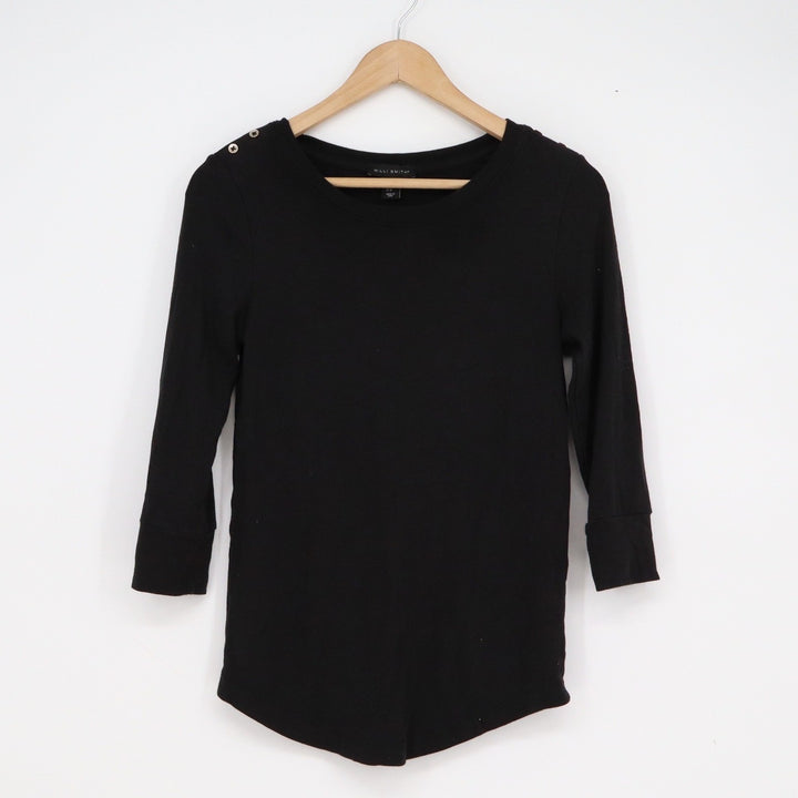 Willi Smith Black Pima Cotton Modal Ribbed 3/4 Sleeve Top Shoulder Button M