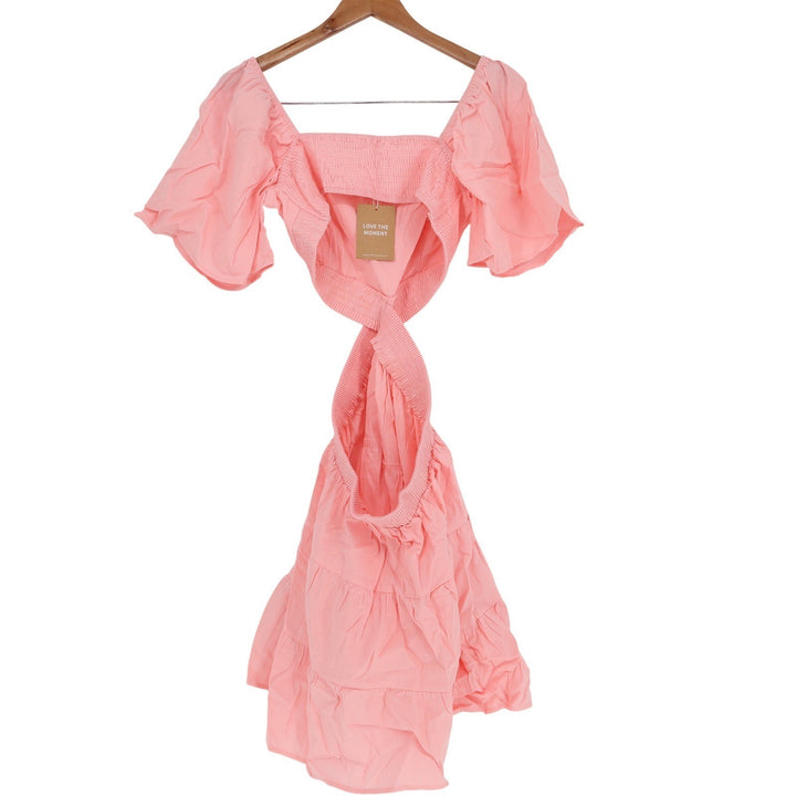 Shy Velvet Pink Cotton Cutout Mini Dress Twisted Front Puff Sleeve Large