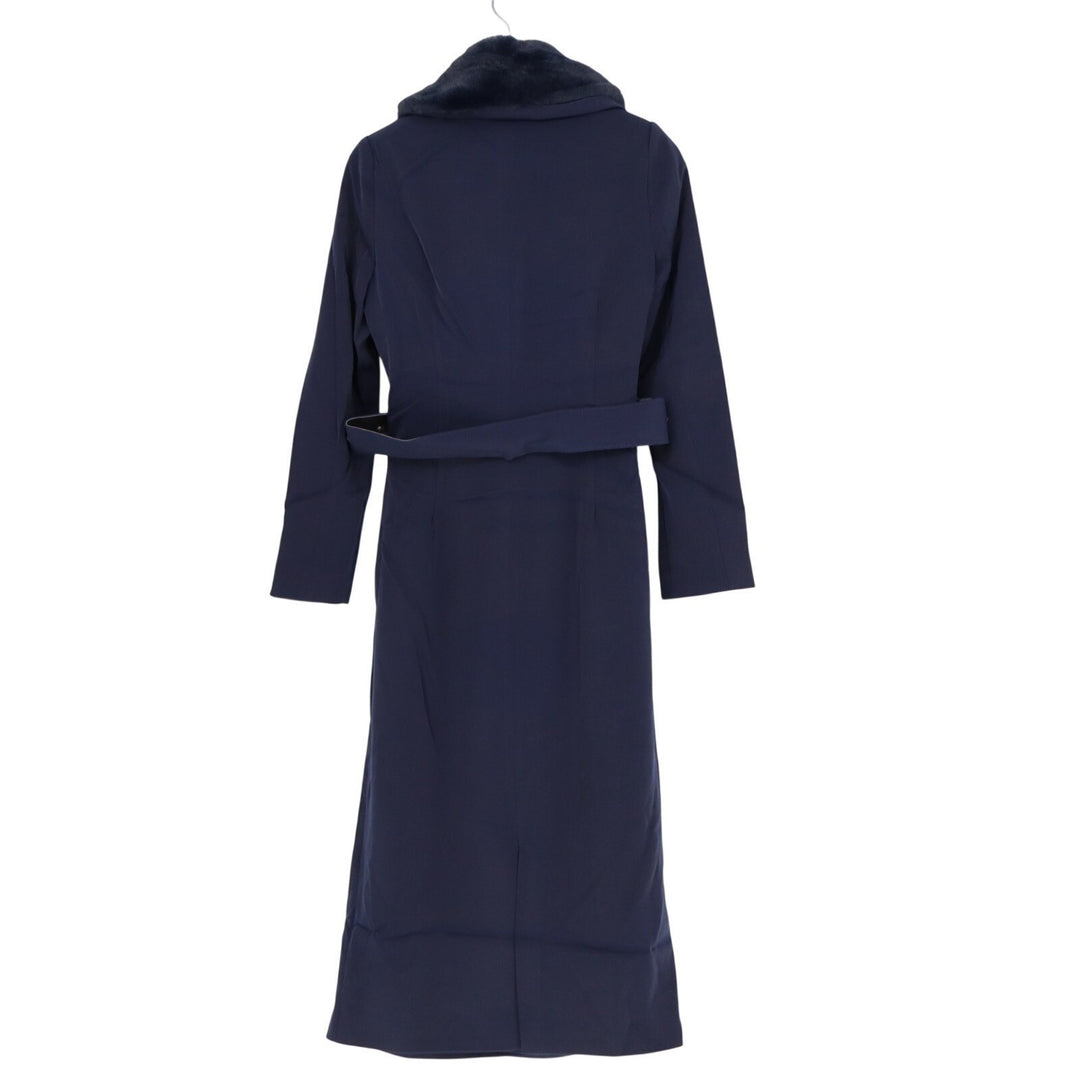 Naked Wardrobe The Statement Trench Coat Womens XS Navy Stretch Fur Trim Lined