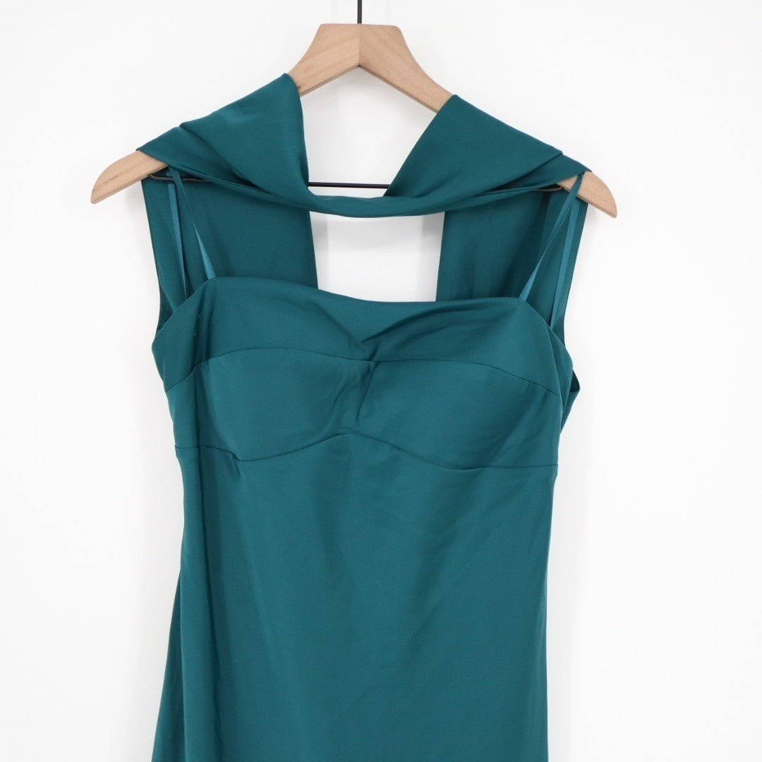 Seni & Cade Satin Scarf Midi Dress Women XL Teal Square Neck Side Zip Sleeveless