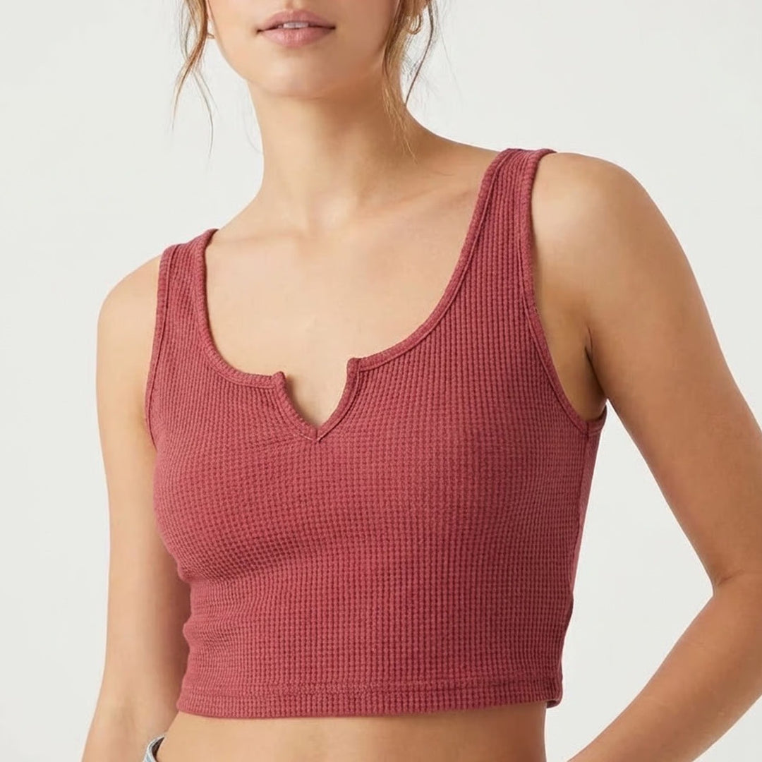 Shein Inawly Cropped Thermal Tank Top Womens L Burgundy Waffle Knit Notch Neck