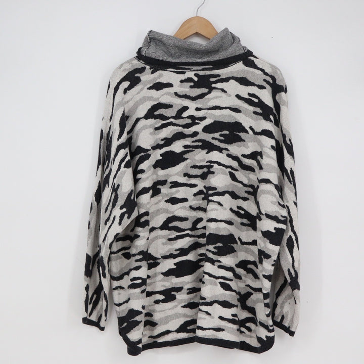 Rachel Zoe Womens 3X Camo Funnel Neck Pullover Sweater Black White Grey