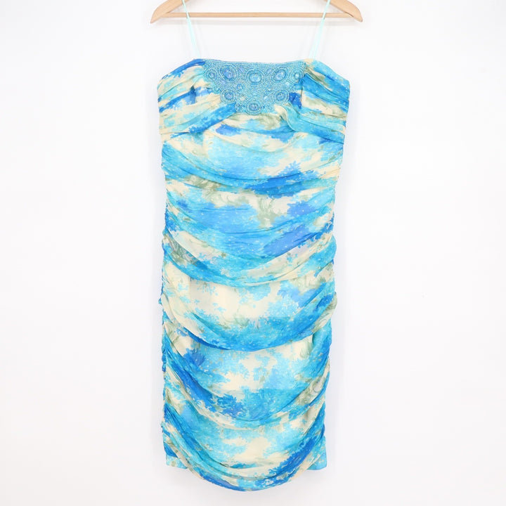 Carmen Marc Valvo Blue Silk Ruched Beaded Floral Cocktail Dress Size 12