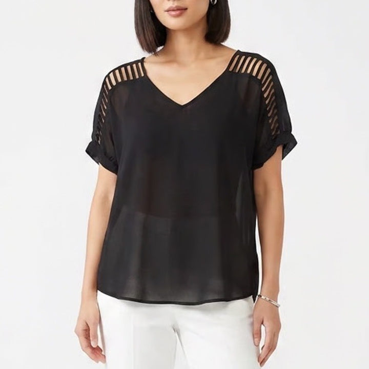 YA Los Angeles Black V-Neck Blouse Short Sleeve Ladder Cutout Sheer Back Large