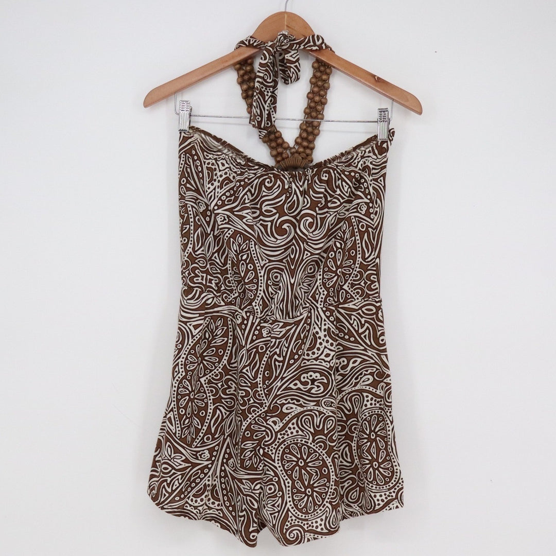 Derek Heart Brown Paisley Halter Romper Wood Bead Accent Medium Summer Boho