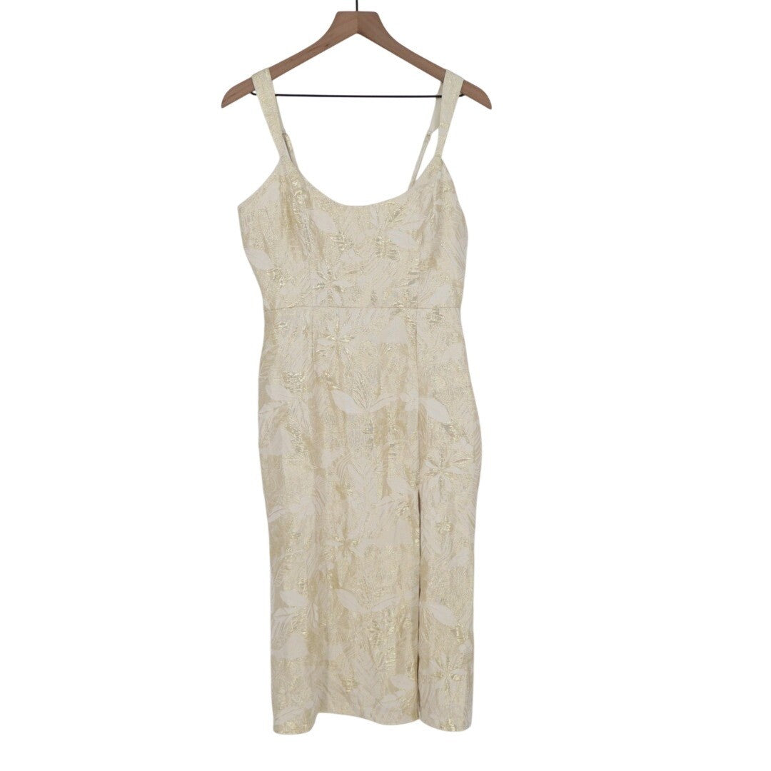 Lulus Immaculate Chicness Midi Dress Womens M Ivory Floral Brocade Front Slit