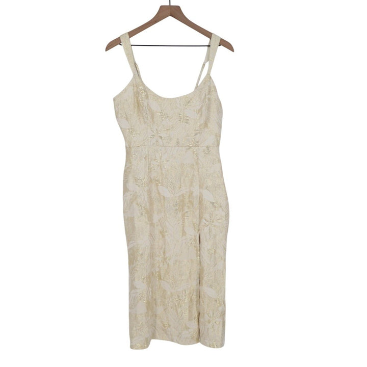 Lulus Immaculate Chicness Midi Dress Womens M Ivory Floral Brocade Front Slit