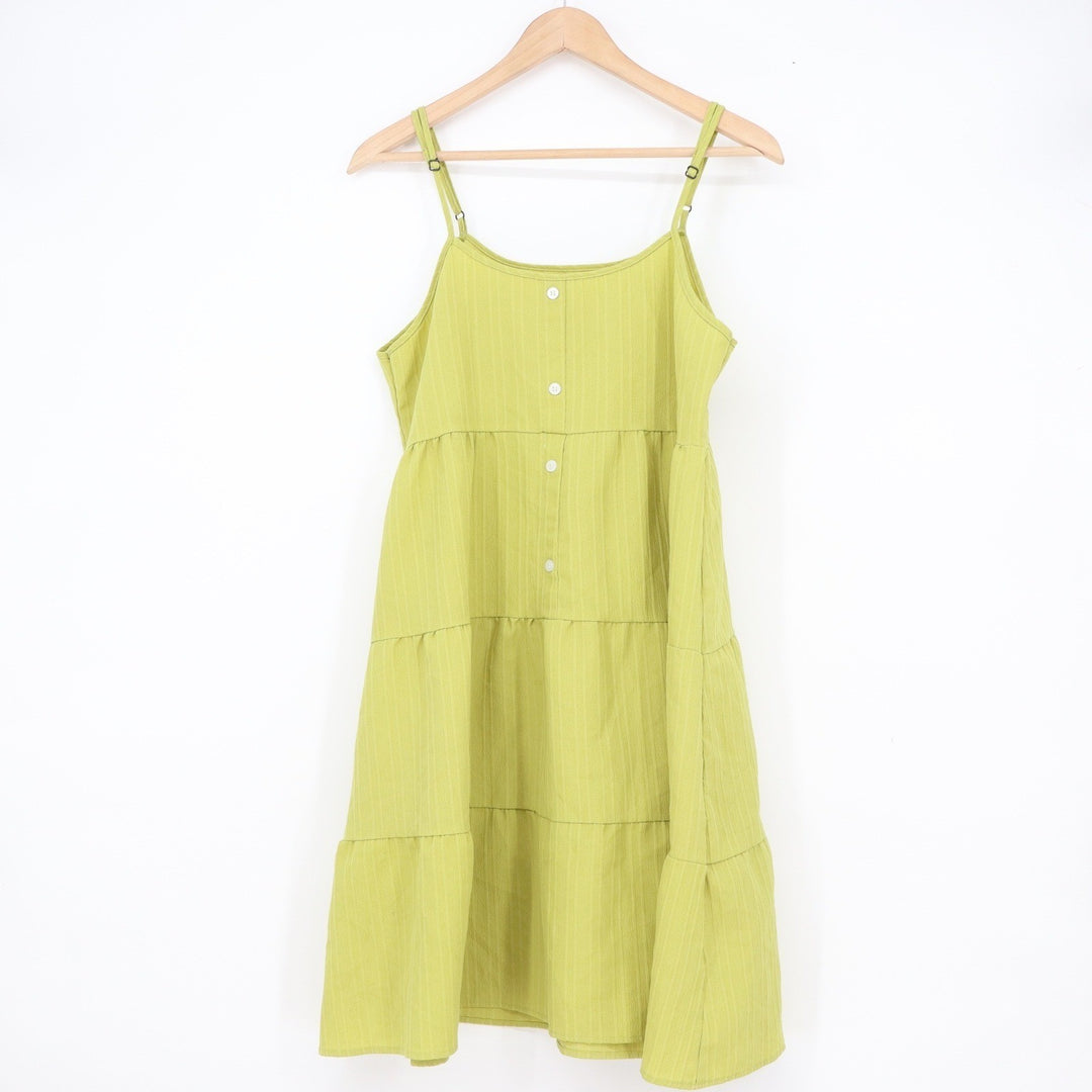 Lime Green Tiered Mini Sundress Adjustable Straps Striped Button Front Large