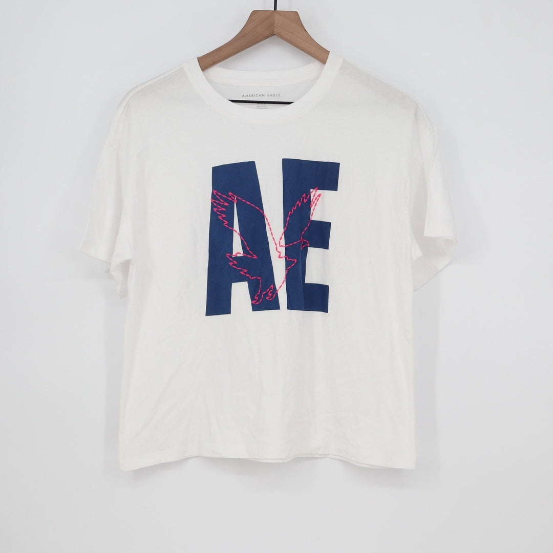 American Eagle White Graphic T-Shirt Navy AE Logo Pink Eagle Stitching Mens M