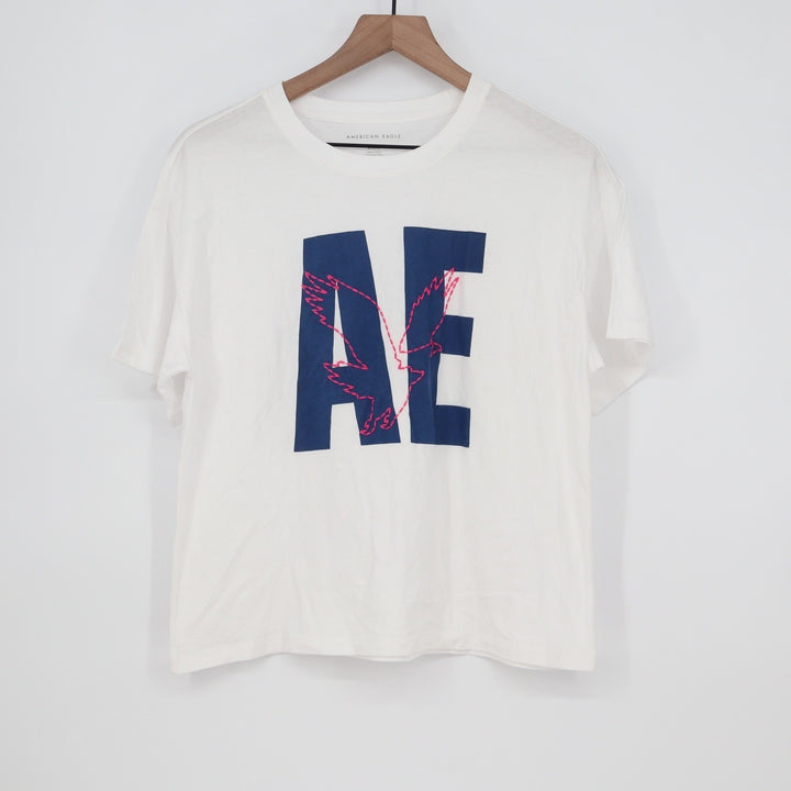 American Eagle White Graphic T-Shirt Navy AE Logo Pink Eagle Stitching Mens M