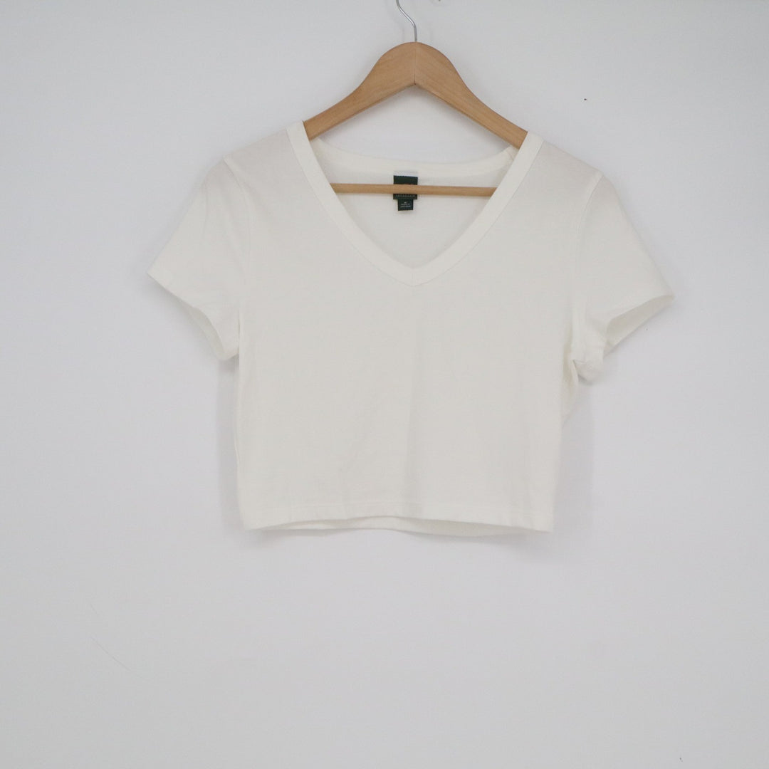 Wild Fable Womens V-Neck Short Sleeve Crop Top Off-White Cream Size M