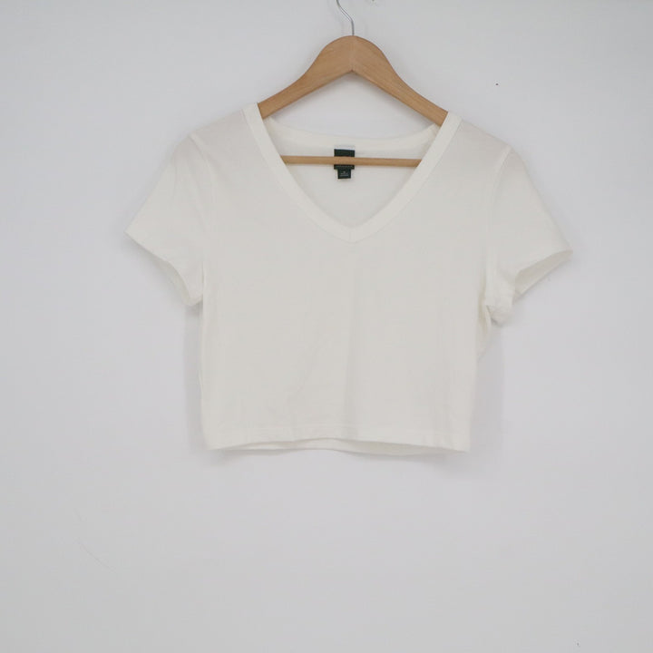 Wild Fable Womens V-Neck Short Sleeve Crop Top Off-White Cream Size M