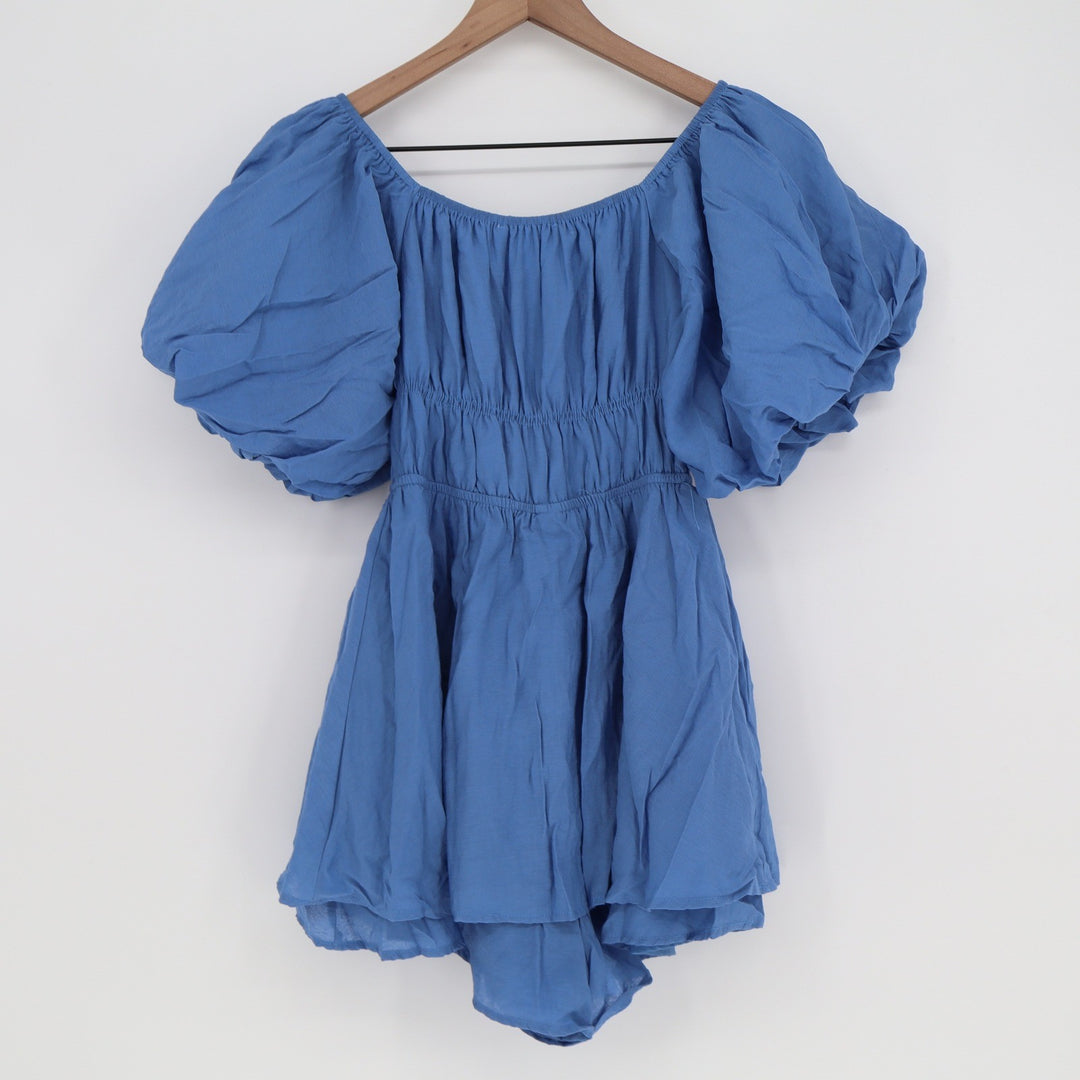 Altar'd State Blue Puff Sleeve Smocked Waist Romper Size S