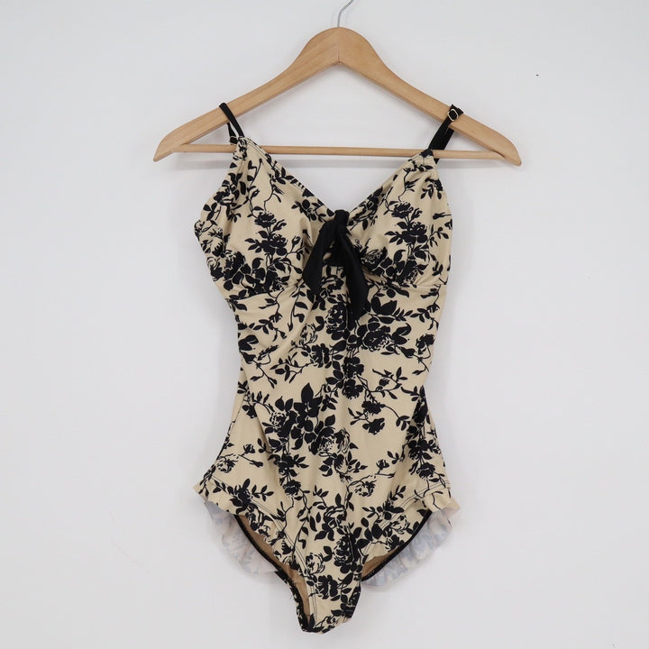 Vintage Style Floral Toile One Piece Swimsuit Cream Black Ruffle Trim Tie Back