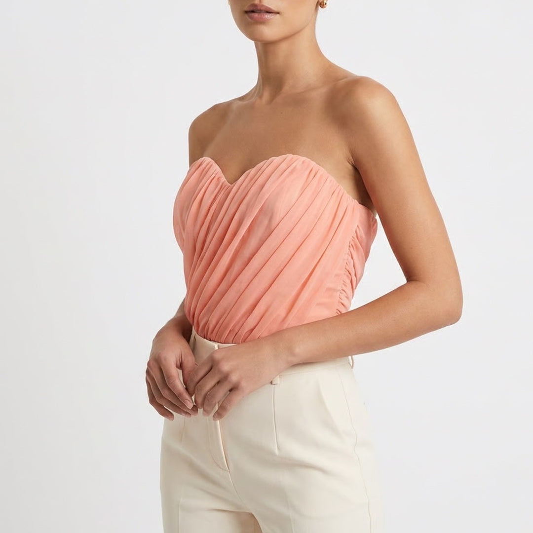 Women Mesh Corset Crop Top Medium Pink Stretch Curved Hemline Strapless Back Zip