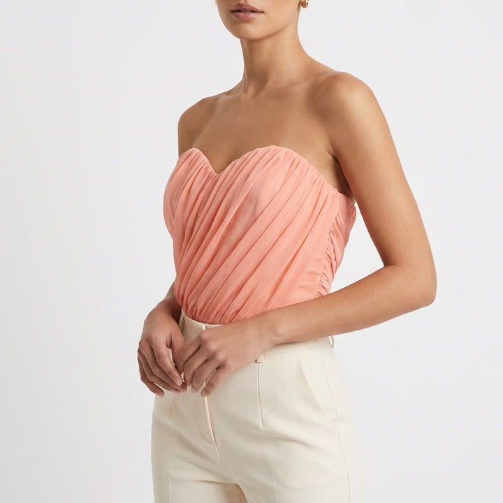 Women Mesh Corset Crop Top Medium Pink Stretch Curved Hemline Strapless Back Zip