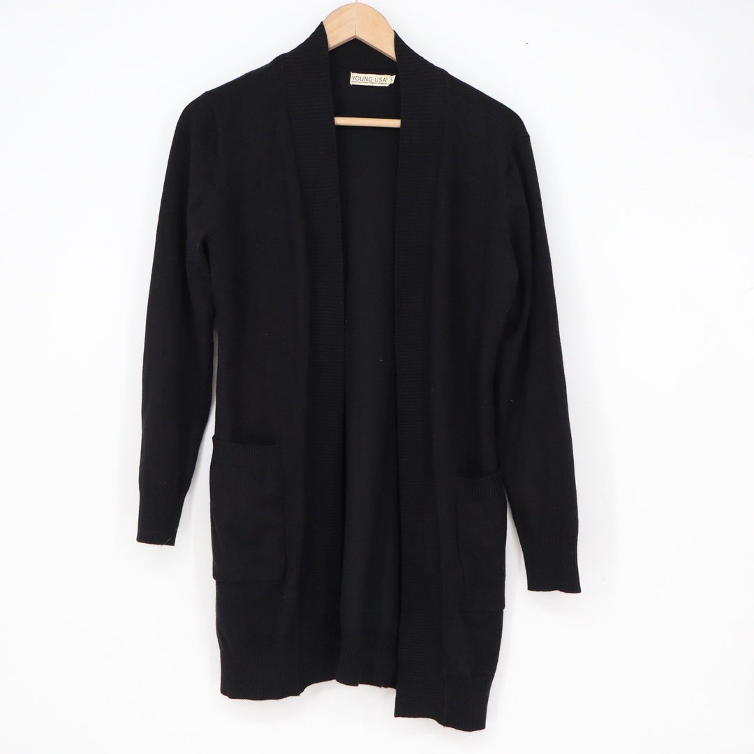 Young USA Womens Black Open Front Longline Cardigan Sweater Small Pockets Ribbed