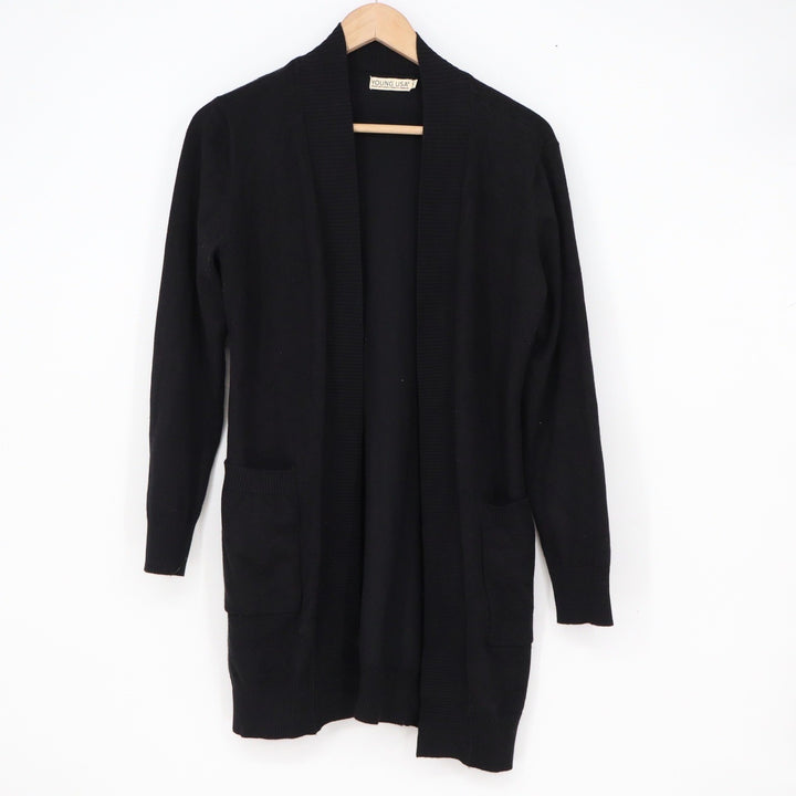 Young USA Womens Black Open Front Longline Cardigan Sweater Small Pockets Ribbed