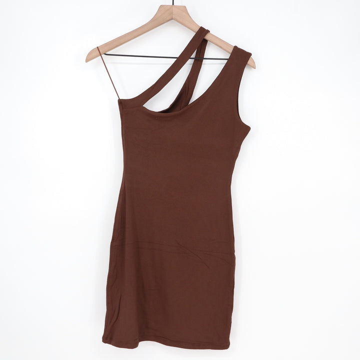 Naked Wardrobe Brown Asymmetrical One Shoulder Mini Dress Large