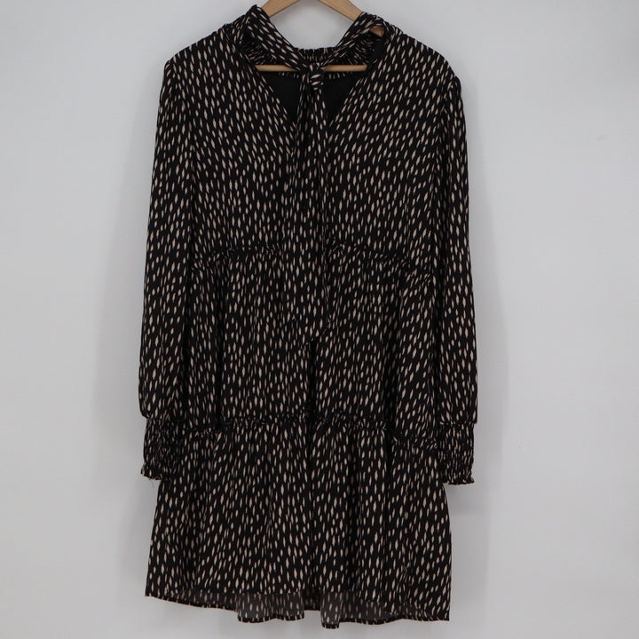Loveriche Black Beige Abstract Teardrop Print Tiered Babydoll Dress L Tie Back