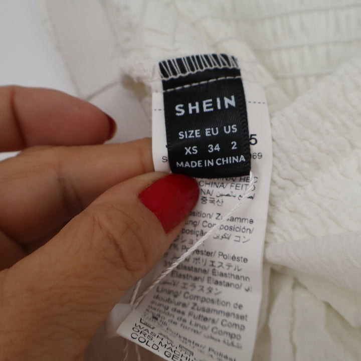 Shein Mod White Tiered Ruffle Mini Skirt Smocked High Waist Tie Front XS NEW