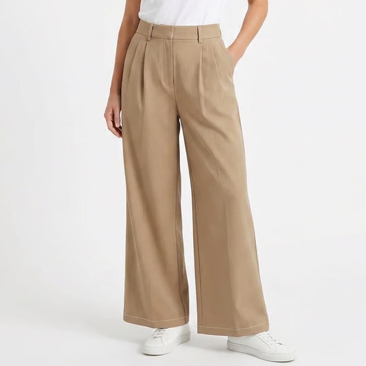 FUNYYZO Khaki Tan Wide Leg Pleated Trousers High Waist Elastic Back XL 14-16