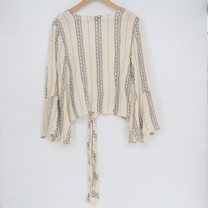 American Eagle Outfitters Boho Top Womens L Beige Striped Bell Sleeve Tie-Front