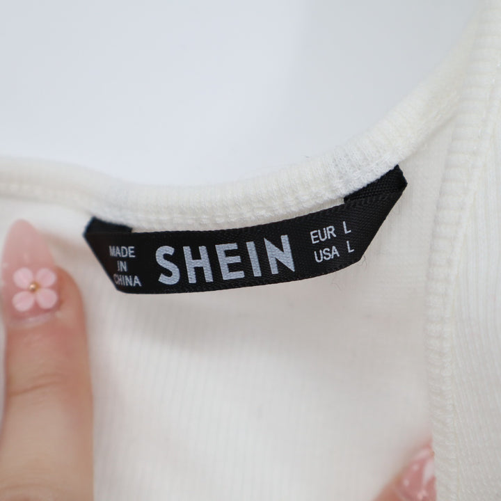 Shein Camisole Top Womens Large White Stretch Knit Ribbed One Shoulder Pullover