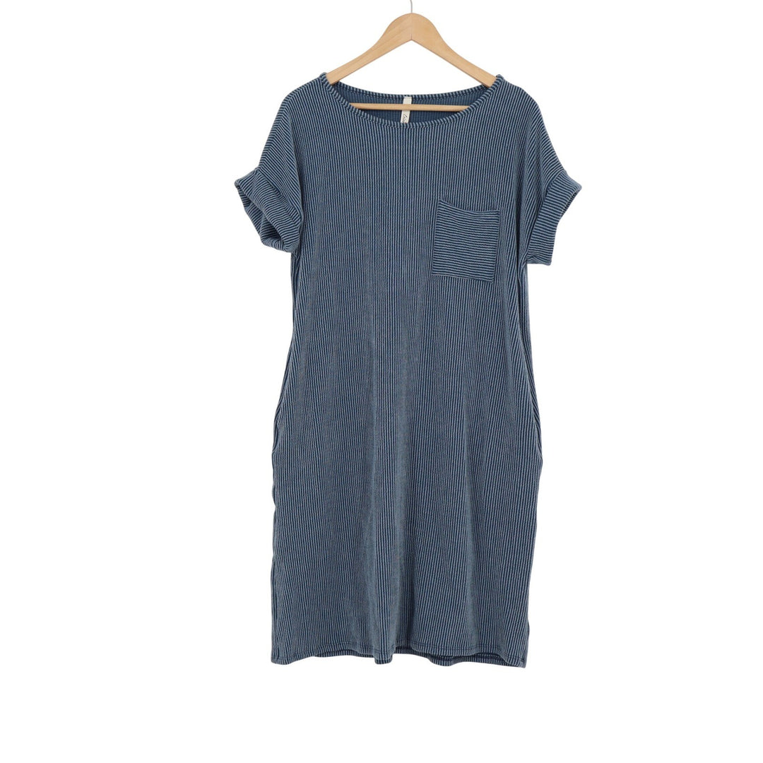 Celeste Blue Striped Ribbed Knit T-Shirt Dress Medium Pocket Shift USA