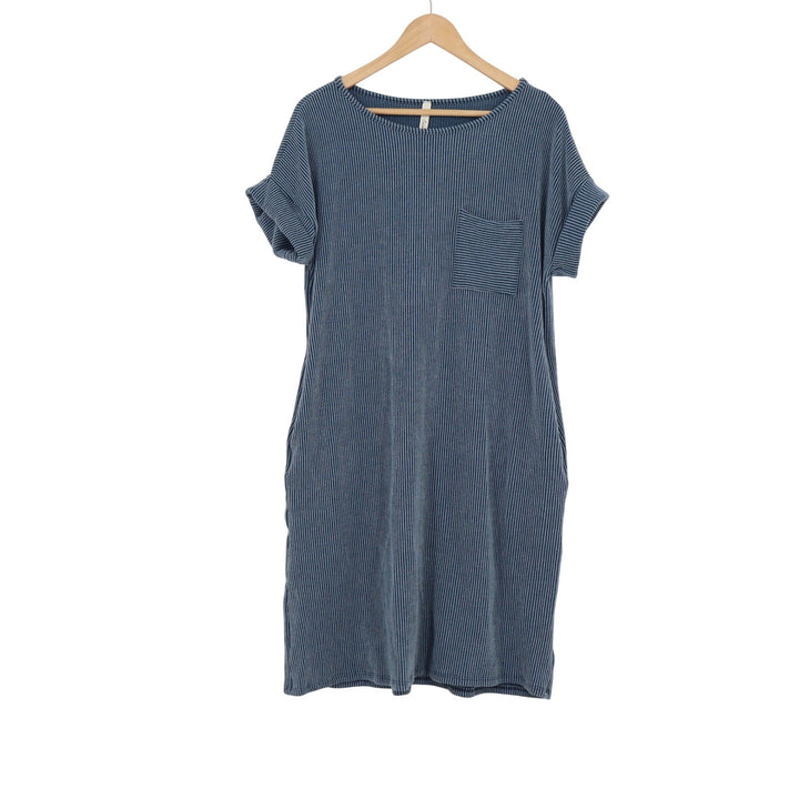 Celeste Blue Striped Ribbed Knit T-Shirt Dress Medium Pocket Shift USA