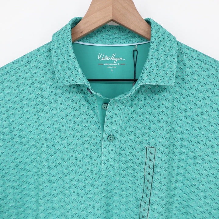 Walter Hagen Mens P11 Performance Polo Shirt Deco Leaf Teal Geometric Small New