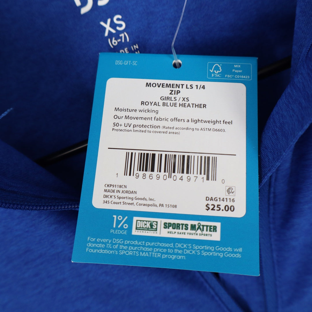 DSG Girls Movement LS 1/4 Zip Royal Blue Heather Pullover XS 6-7 CKP9118CN