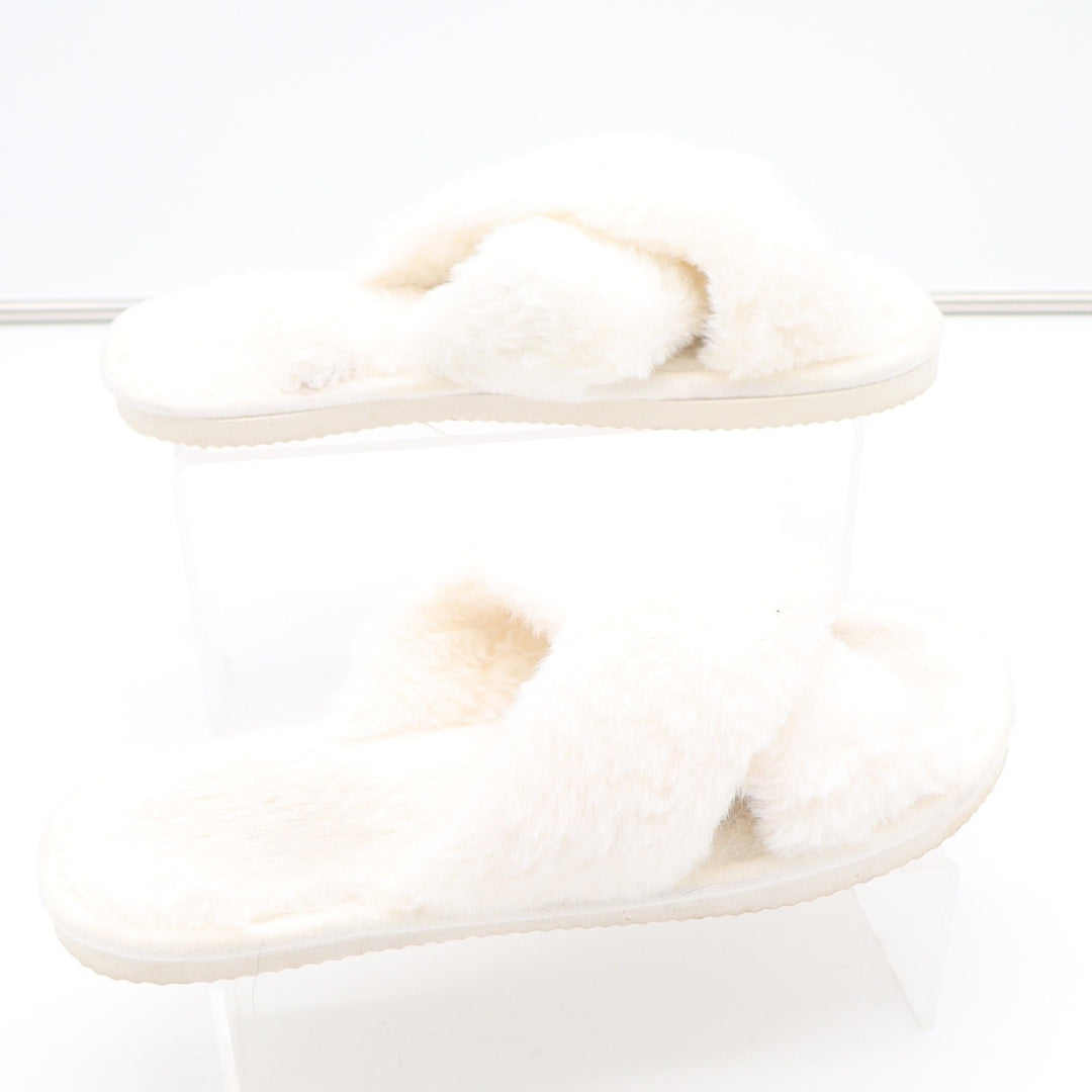 White Faux Fur Cross Strap Slide Slippers Women Size 42/43 House Shoes Cozy