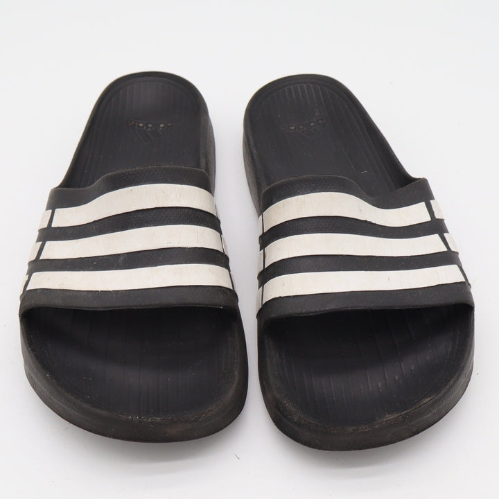 adidas Sandals Men 10 Adilette Aqua Black White Striped Slide Athletic Good