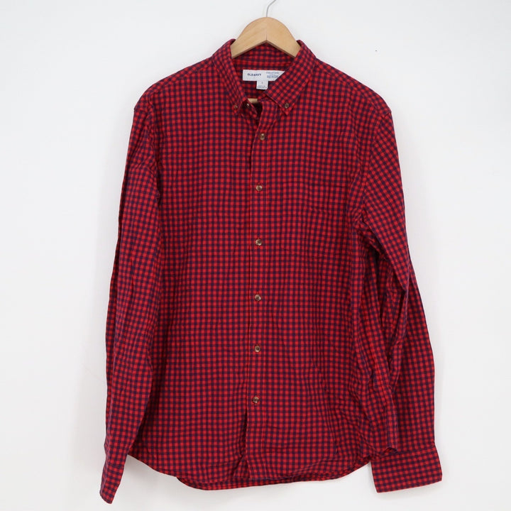 Old Navy Mens Large Red Navy Gingham Slim Fit Everyday Shirt Built-In Flex L