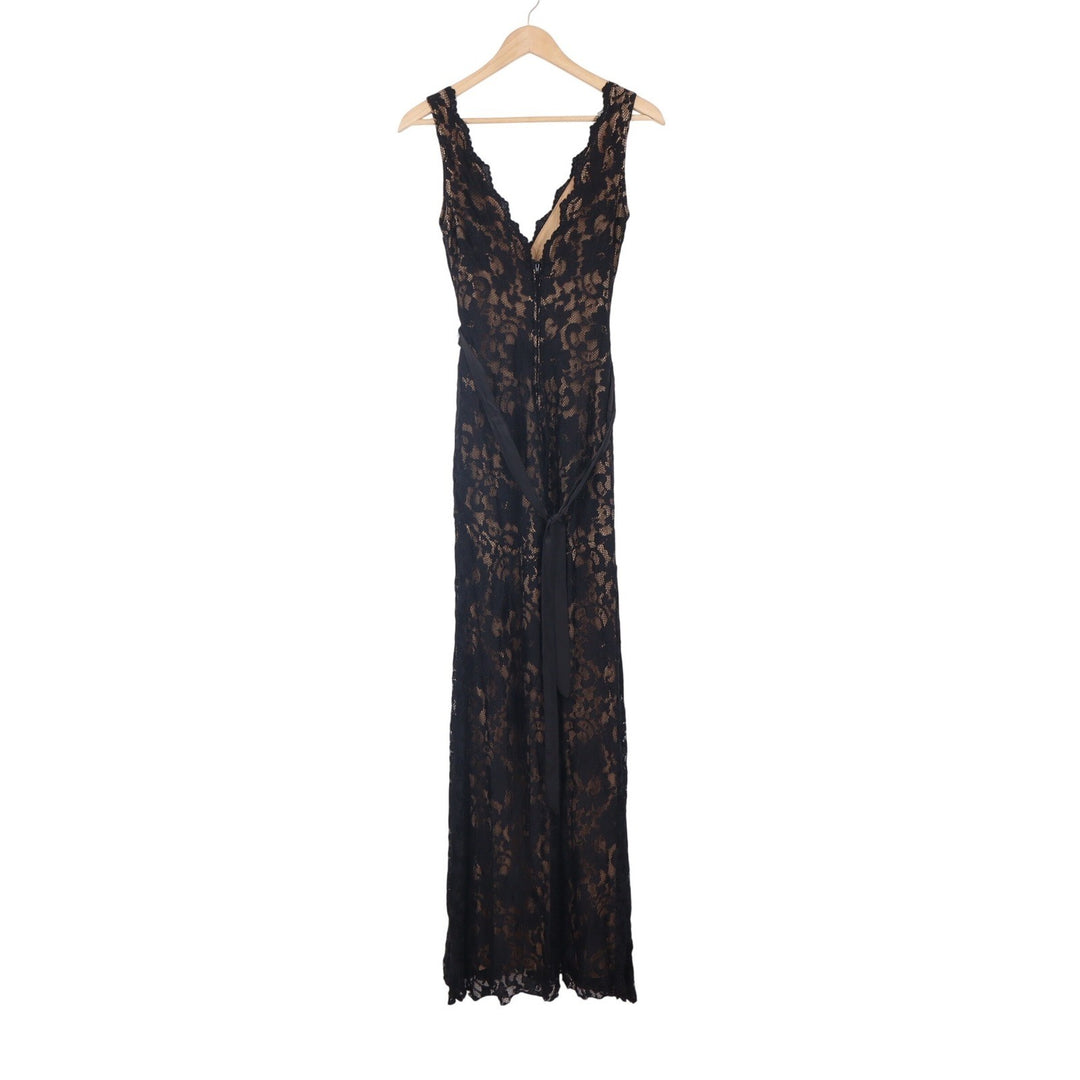 Windsor Black Floral Lace V-Neck Maxi Dress Tan Lining Size 5/6
