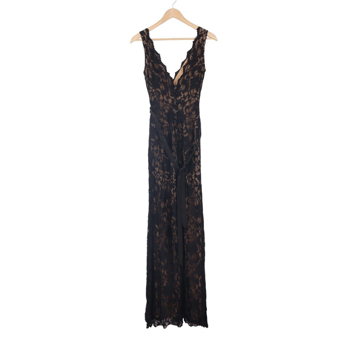 Windsor Black Floral Lace V-Neck Maxi Dress Tan Lining Size 5/6