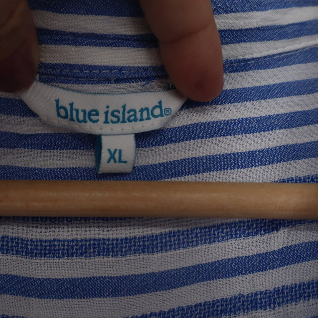 Blue Island Womens XL Blue White Striped Rayon Button Down Tunic Shirt