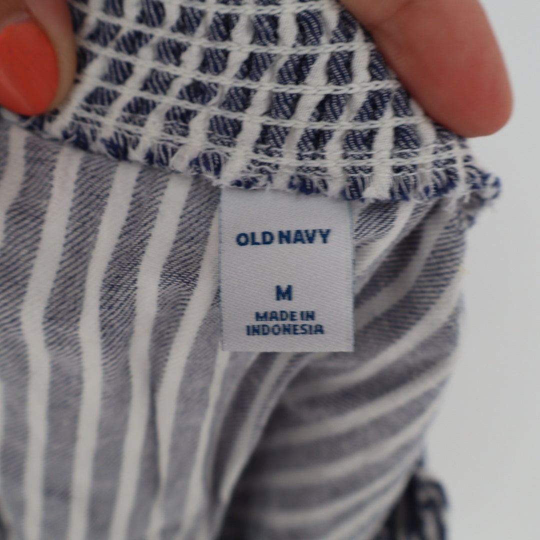 Old Navy Blue White Striped Ruffle Strap Cotton Linen Tank Top Medium Smocked