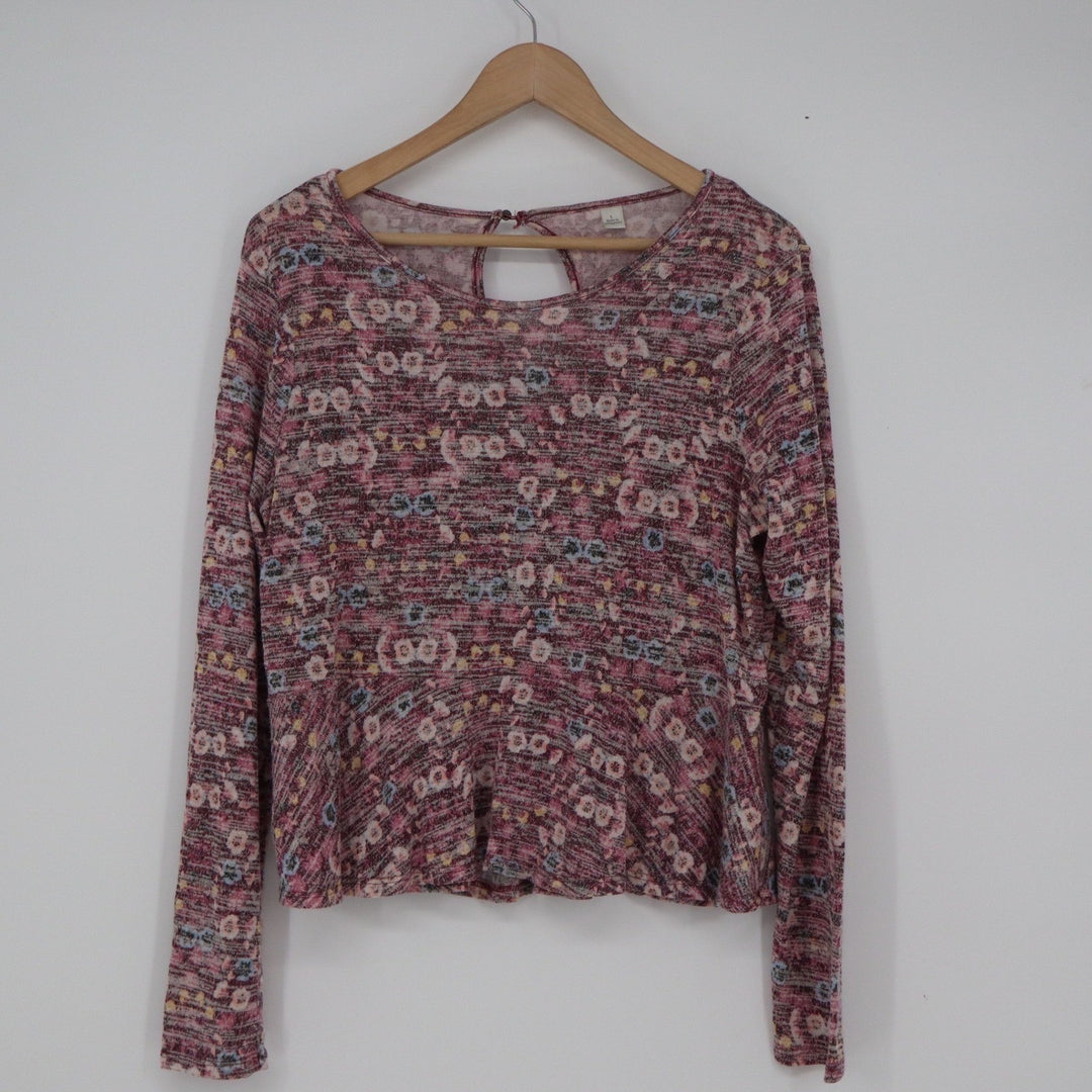 American Rag Womens L Floral Peplum Top Burgundy Space Dye Keyhole Back Long