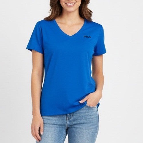 Fila Sport Live In Motion T Shirt Womens XL Blue Stretch V-Neck Short Sleeve